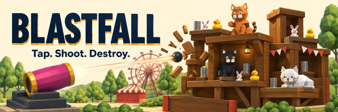 Blastfall — Tap. Shoot. Destroy. Cat mascots perch on wooden carnival buildings as a pink cannon fires.