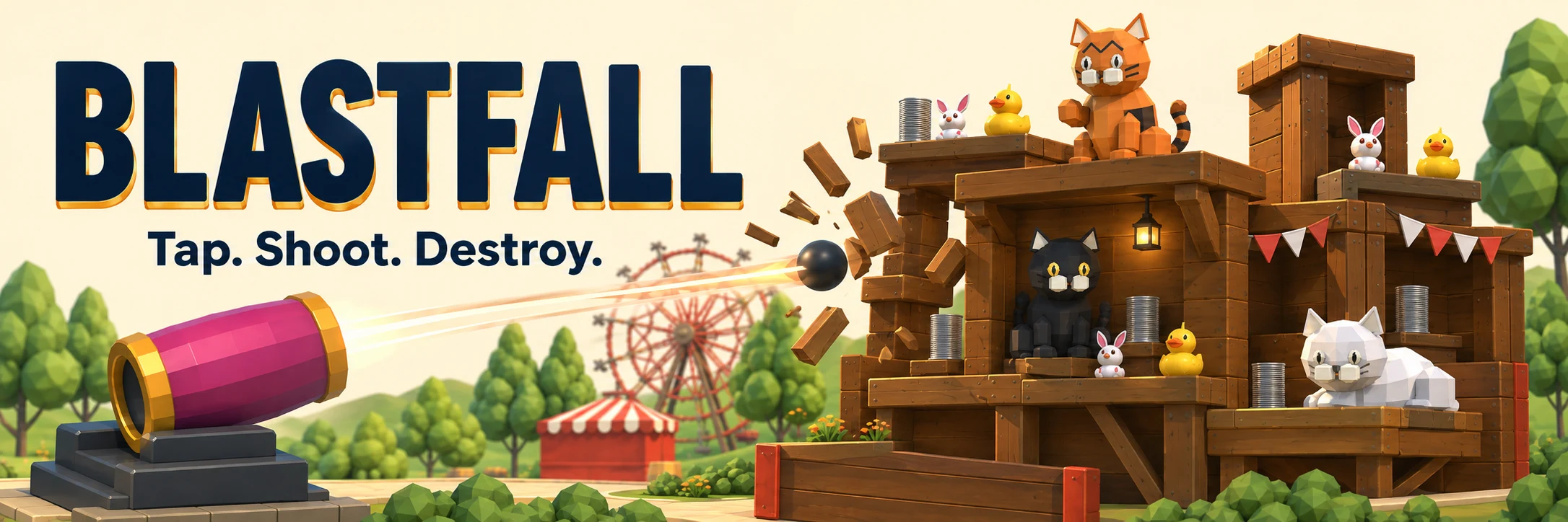 Blastfall — Tap. Shoot. Destroy. A pink cannon blasts wooden carnival buildings, with orange, black, and white cat mascots perched on rooftops and platforms.