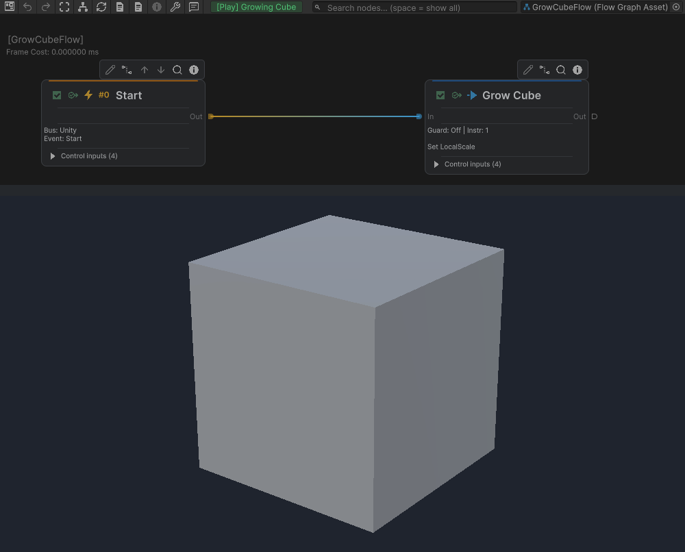 GrowCubeFlow in Play Mode above the enlarged cube in the Game view.
