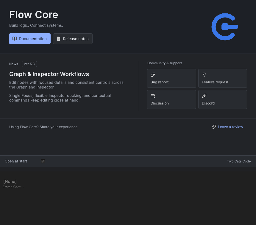 The native Flow Core Opening Screen above an empty Graph canvas showing no selected graph.