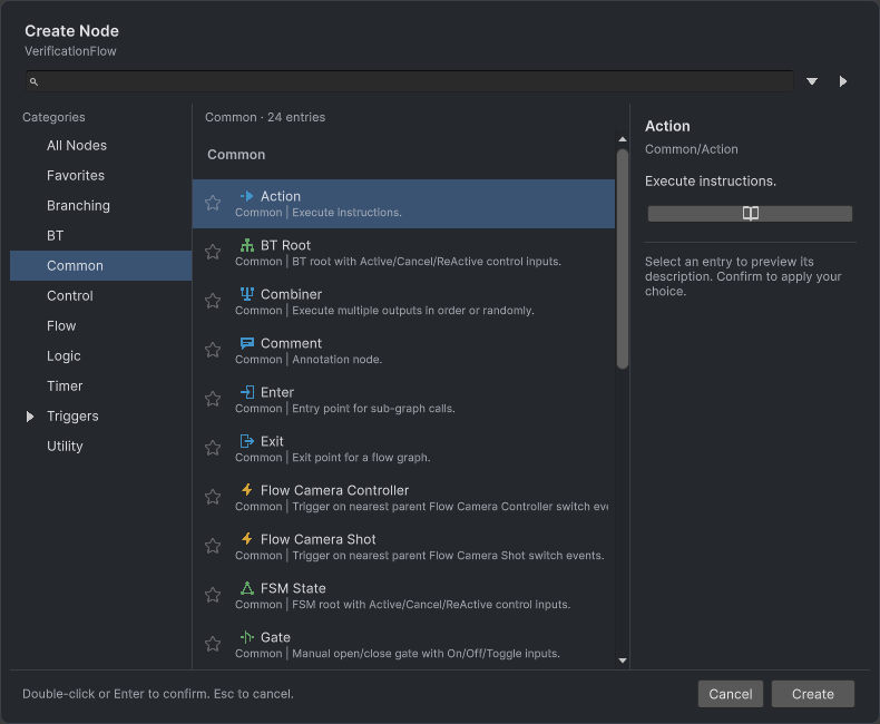 VerificationFlow's native Create Node popup with Common selected, Action highlighted, and its description visible.
