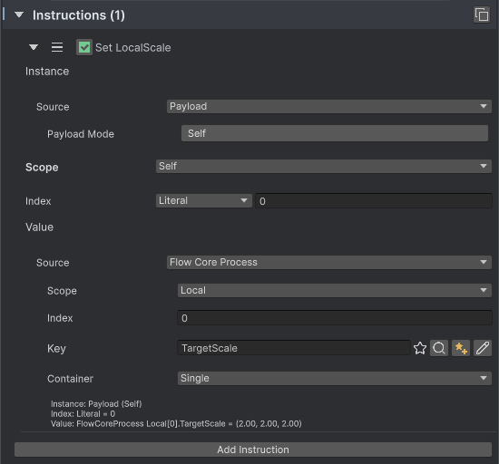 Set LocalScale uses Payload with Self mode for Instance and Flow Core Process for the TargetScale value.