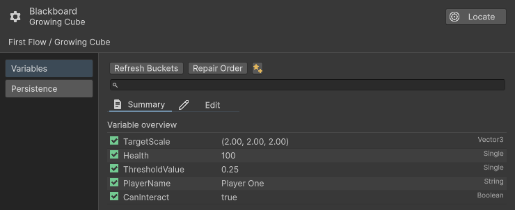 The Blackboard Summary lists typed values, including TargetScale as Vector3 (2, 2, 2).
