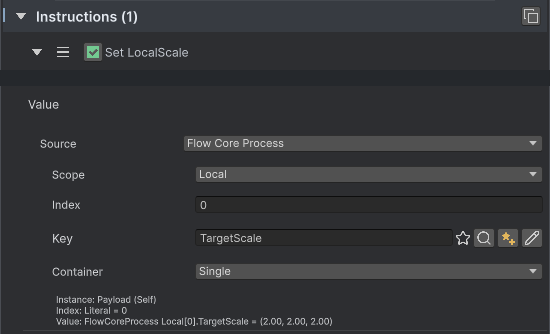 Flow Core Process resolves a Vector3 Value from Local Blackboard index zero using TargetScale.
