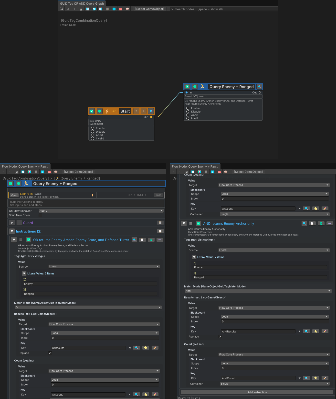 Start Trigger connected to one Action with OR and AND Find GameObjectGuid By Tags instructions using the same Enemy and Ranged tag list