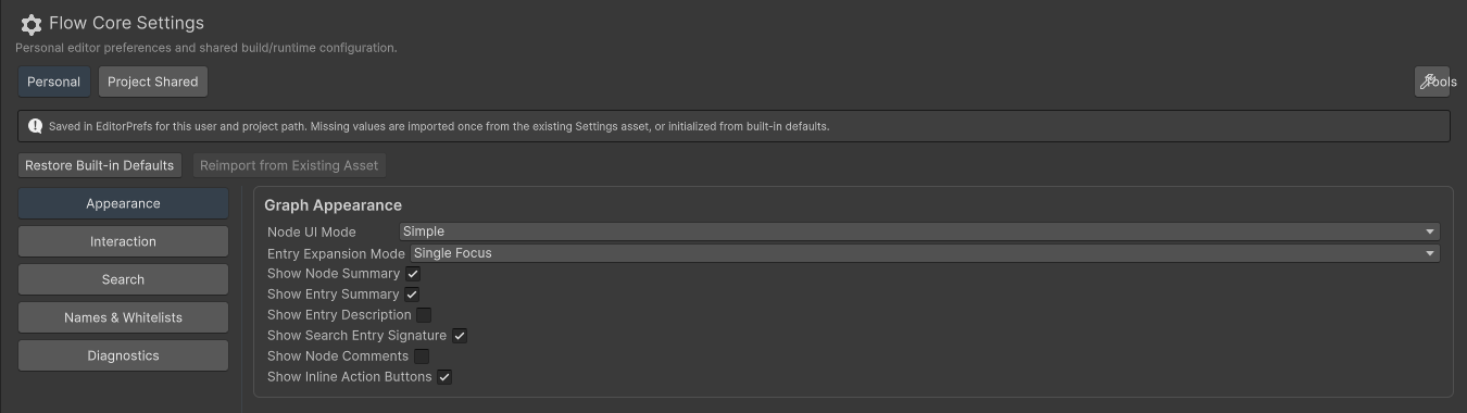 Flow Core Settings Personal group shows the Appearance page and its personal editor preference controls.