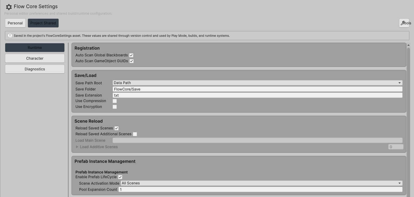Flow Core Settings Project Shared group shows Runtime configuration used by the project and player.