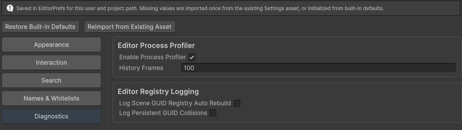 Flow Core Settings Personal Diagnostics shows Log Persistent GUID Collisions unchecked in Editor Registry Logging.