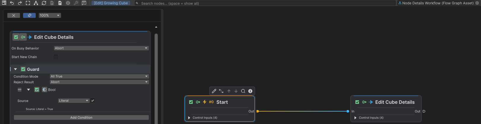 The left Flow Inspector remains pinned to the Action while Start is selected.