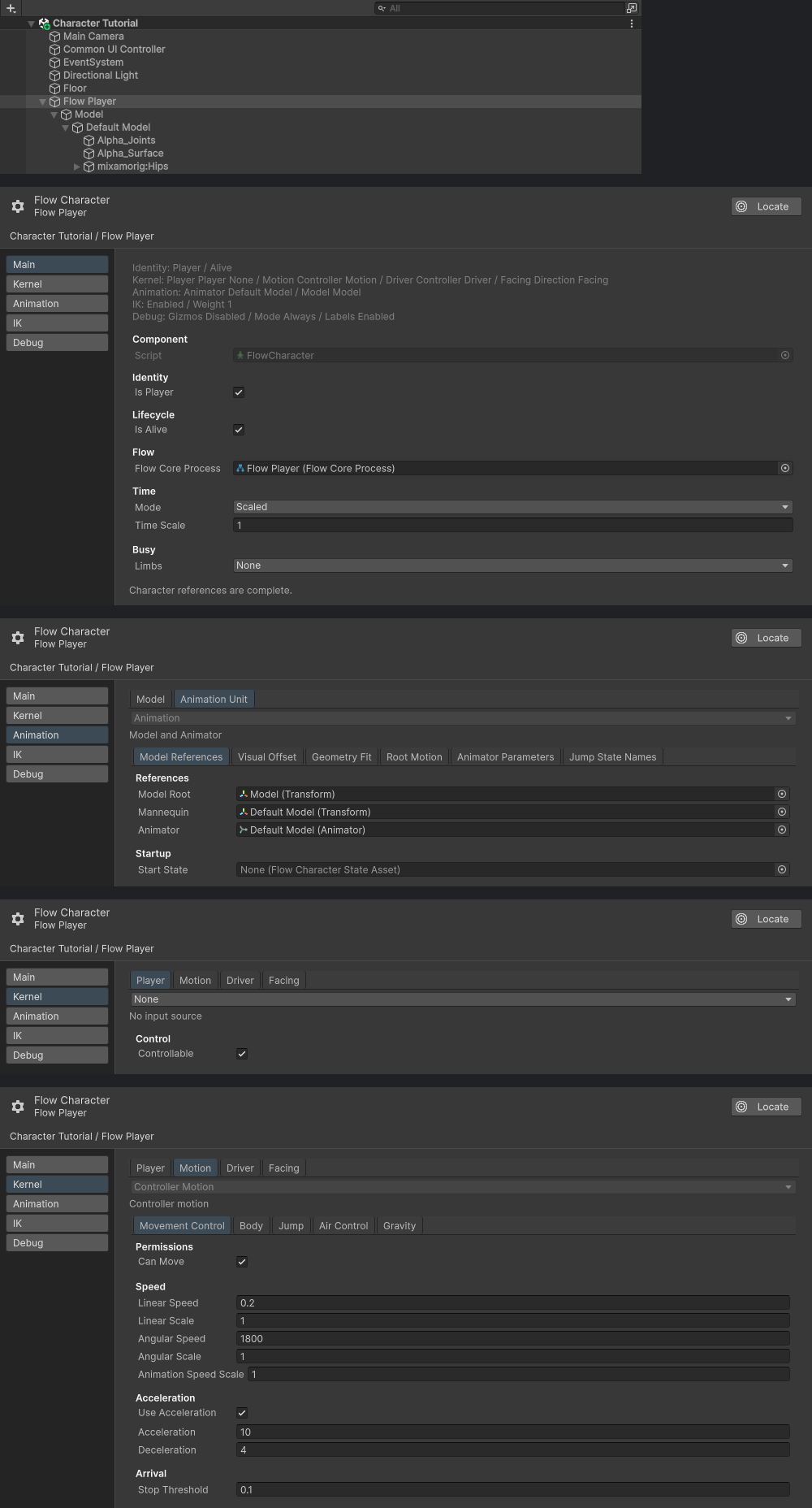 Native Flow Player hierarchy and configuration views show Main, Animation Unit Model References, Kernel Player None, and Kernel Motion Movement Control.