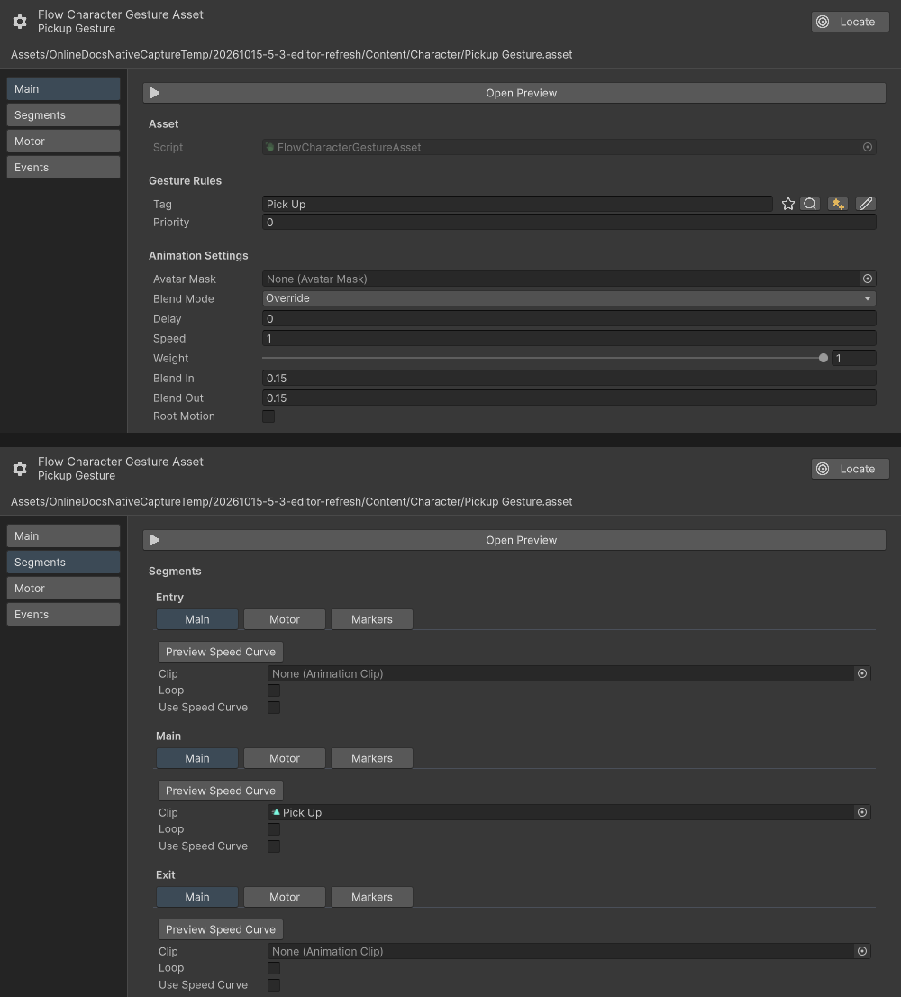 Pickup Gesture Main settings appear above its Segments page with Entry, Main, and Exit clips.