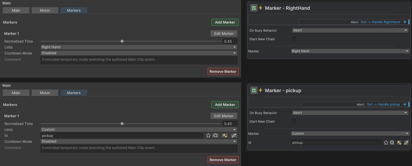 Main track Markers and matching Character Animation Marker Triggers compare Right Hand above with Custom pickup below.