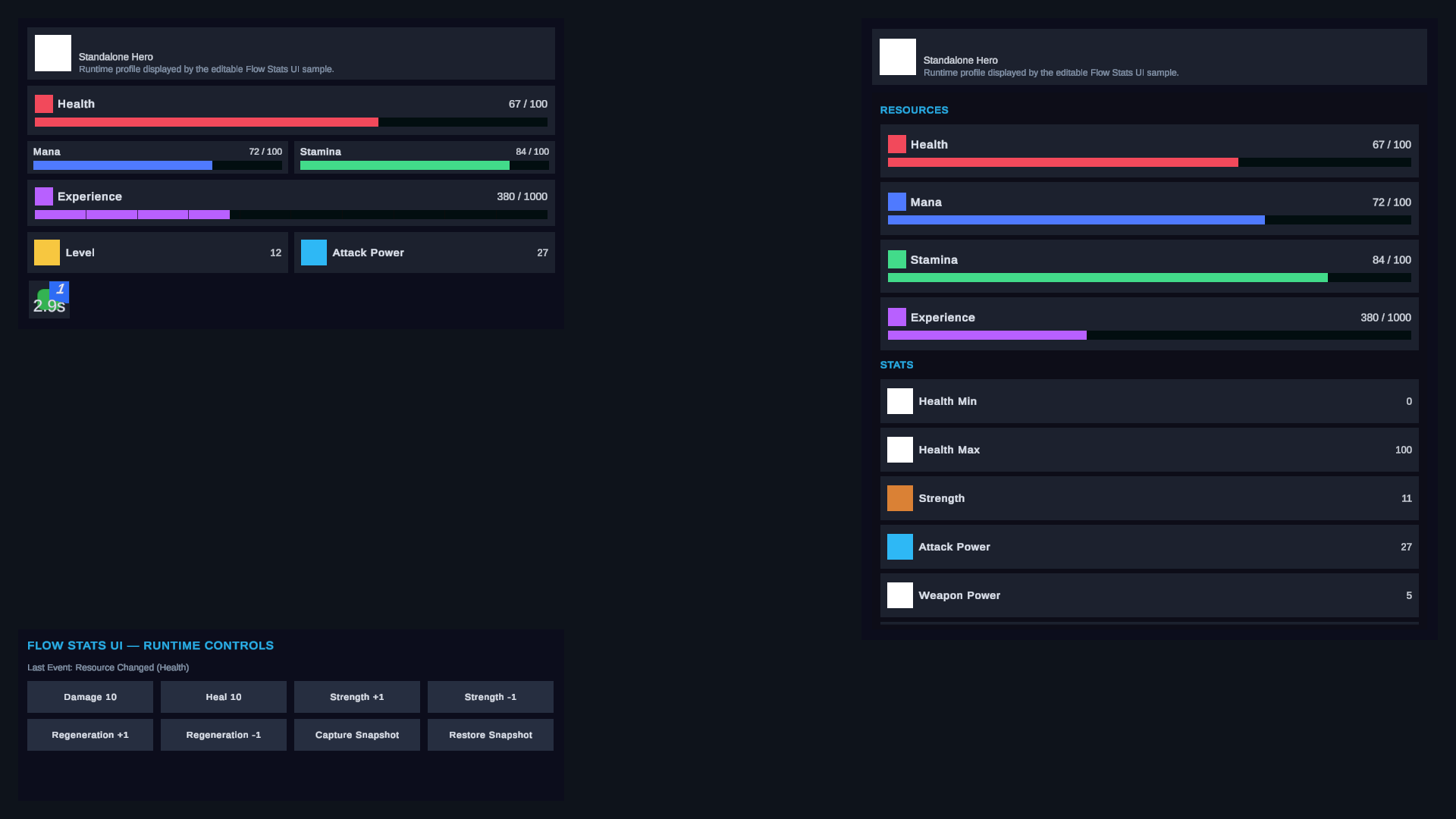 Live results show bounded Health, calculated Attack Power, active Regeneration, and the latest event.