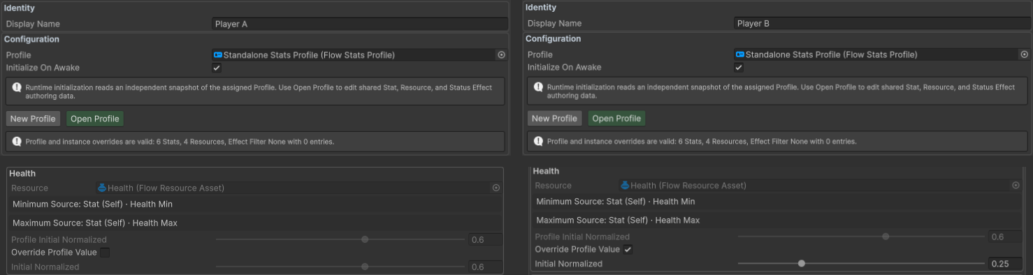 Two FlowStats components share one Profile while Player B overrides its initial Health.