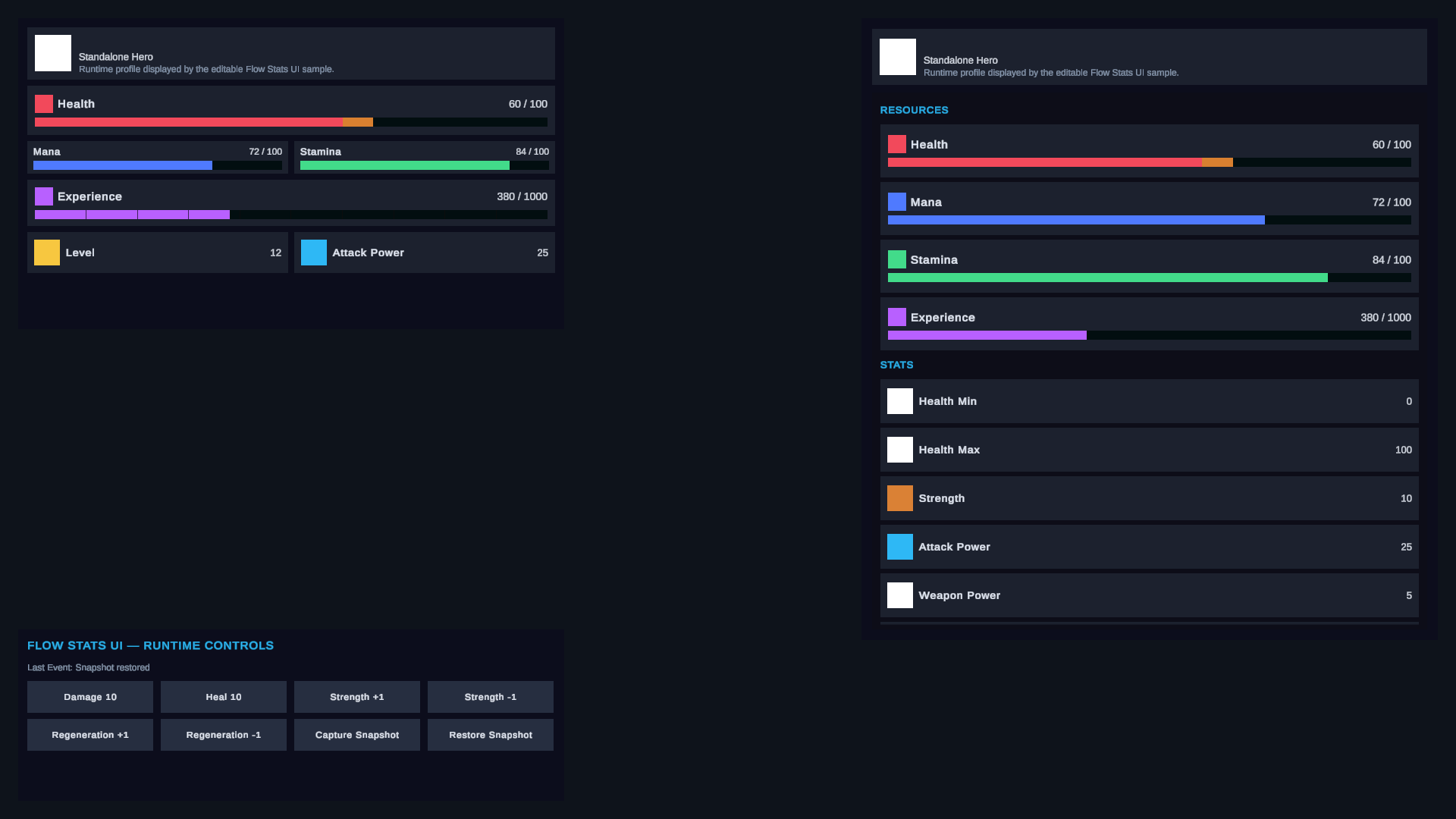 The restored Stats snapshot with Health at 60, Strength at 10, Attack Power at 25, and the restored status message.