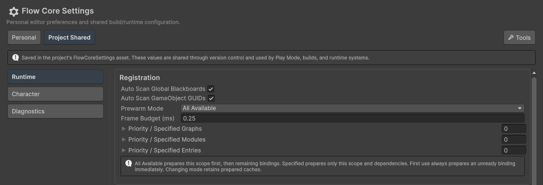 Project Shared Runtime displays the Player prewarm mode, frame budget, and priority target fields.