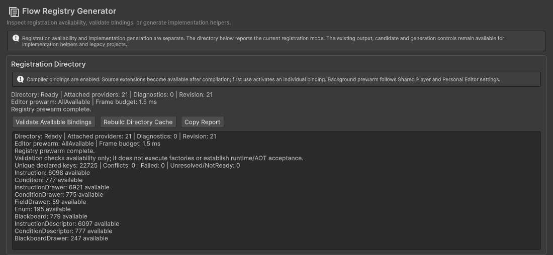 Registry Generator shows the compiler binding mode, registration directory status, and validation controls.