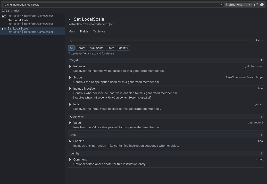 Flow Knowledge shows two instruction results for localScale and the selected Set LocalScale Fields reference.